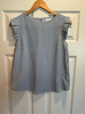 Monteau Blue and White Striped Ruffle Sleeve Camisole